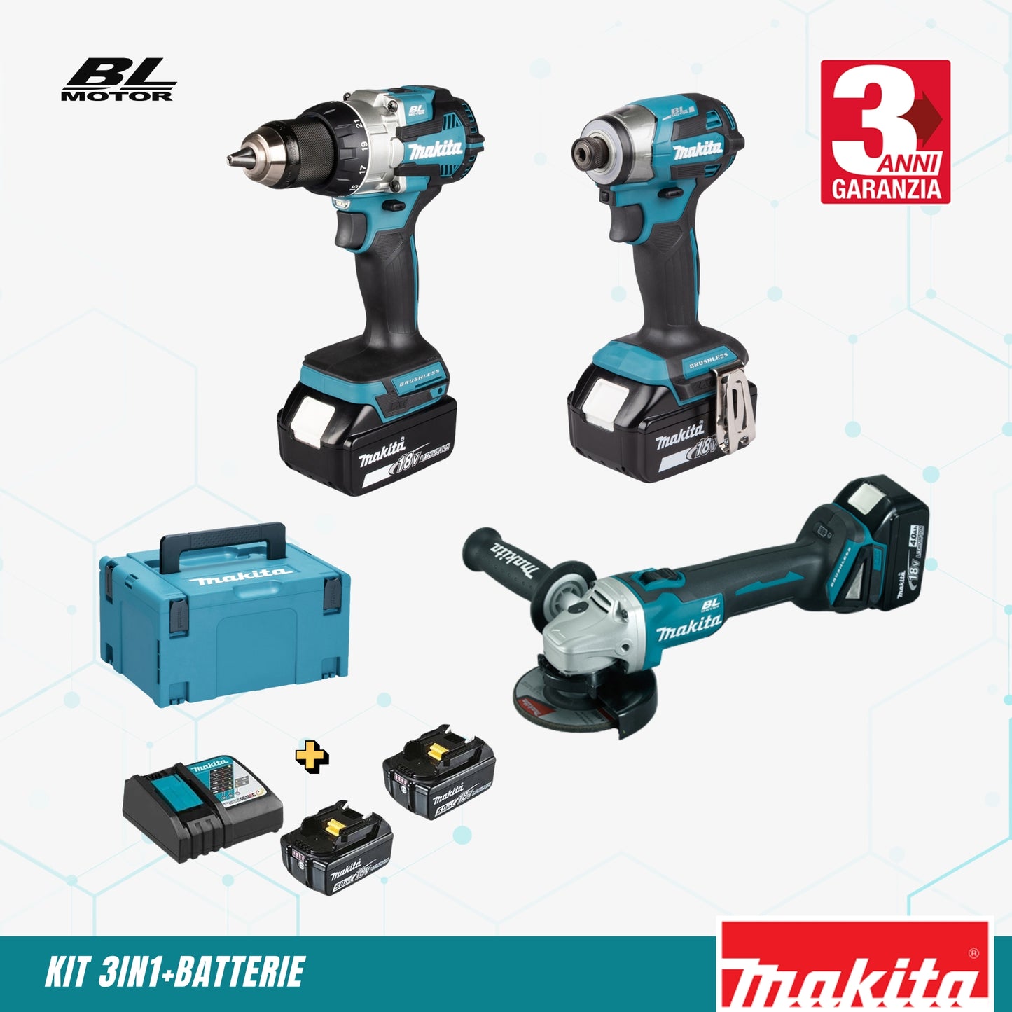 Kit 3in1 Makita:Trapano+Avvitatore a Impulsi+Smerigliatrice